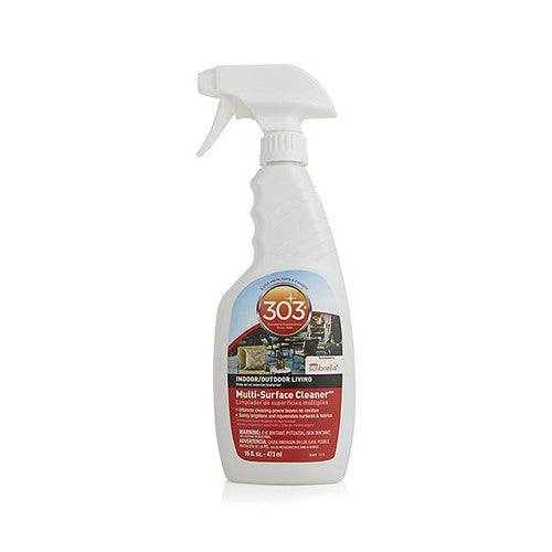 303 Multi Surface Cleaner. Perfect for cleaning your hot tub or spa cover. Recommended by Sunbrella. 303 all purpose cleaner provides the ultimate cleaning power with no residue and will effortlessly remove and clean the toughest oil, coffee, grease, ink and liquid spots and spills. Safe to use for cleaning fabric, leather, apparel, rubber, plastic, kitchen countertops, sinks, bathroom, vinyl, metal, painted surfaces, suede, canvas, teak, outdoor upholstery and more.