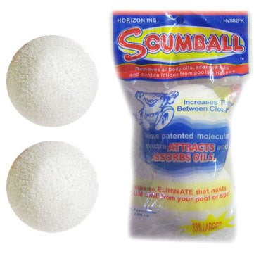 2 Pack ScumBalls. Helps to remove and soak up scum and film from water line. Removes all body oils, scented oils and suntan lotions from pools and spas. Increases time between cleaning. Unique patented molecular structure attracts and absorbs oils.