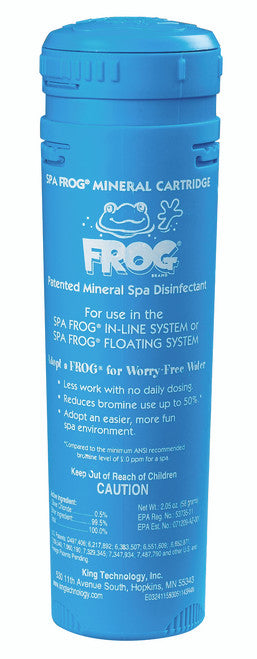Pre-filled Mineral Hot Tub Sanitizer. Replace ~3-4 months depending on spa usage. This product is meant to be used together with the Spa Frog Serene Bromine Cartridge. Bromine Cartridge not included.